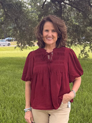 She & Sky Pintuck Fall Top