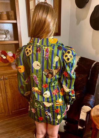 Queen of Sparkles Green & Blue Striped Thanksgiving Cotton Dress