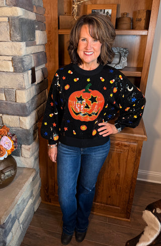 Queen of Sparkles Black Sequin  Pumpkin Sweater