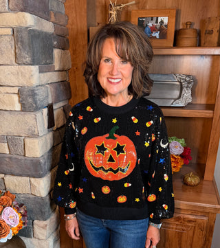 Queen of Sparkles Black Sequin  Pumpkin Sweater