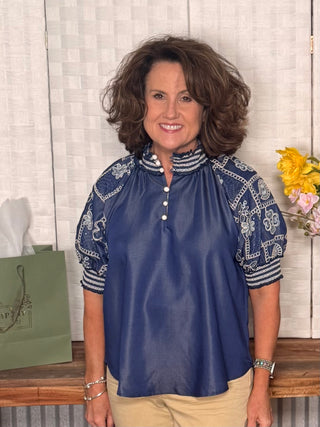 Navy Embroidered Statement Blouse
