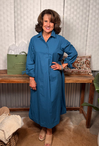 Umgee Teal Midi Shirt Dress