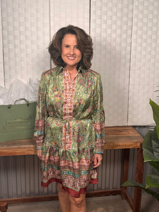 Paisley Border Print Shirt Collar Long Sleeve Mini Dress with Tie