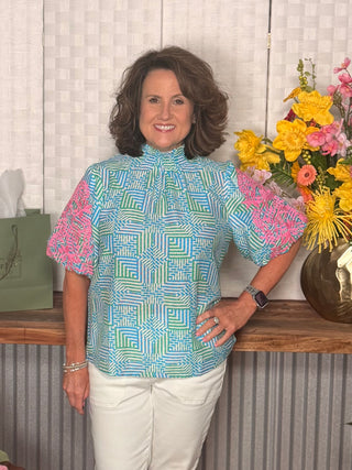 Voy Smocked Mock Neck Contrast Embroidered Top