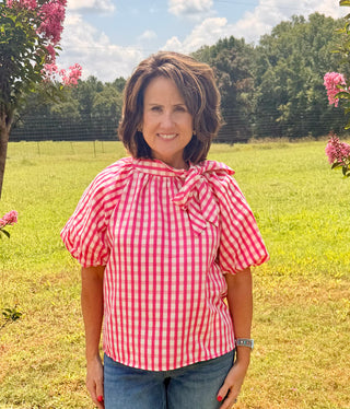 THML Pink Gingham Tie Top
