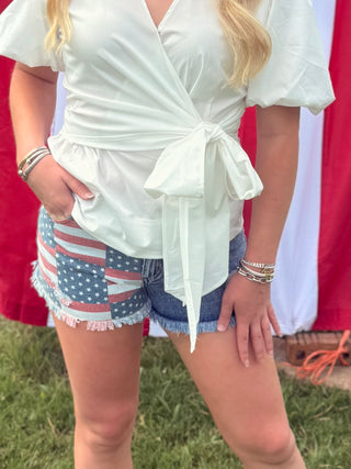 Freedom Patch Denim Short Shorts