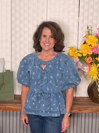 Easel Washed Denim Cherry Print Bubble Sleeves Top