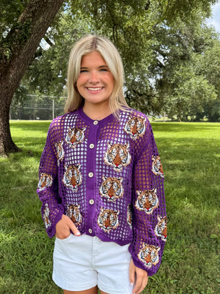 Queen of Sparkles Purple Crochet Sequin Tiger LSU Top