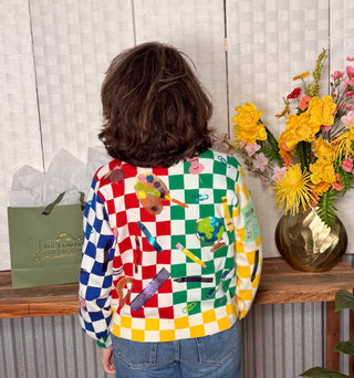 Queen of Sparkles Rainbow Checkered School Button Up Cardigan