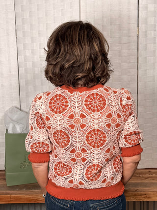 Voy Rust Floral Crochet Ribbed Band Top