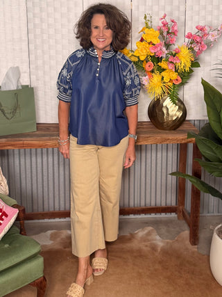 Navy Embroidered Statement Blouse