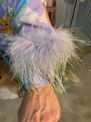 Queen of Sparkles Mardi Gras Masquerade Feather Cuff Sweater