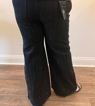 Risen High Rise Crop Wide Rhinestone Black Pants Plus