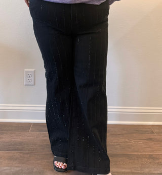 Risen High Rise Crop Wide Rhinestone Black Pants Plus