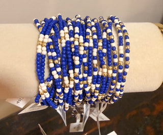 Splendid Iris White, Blue and Gold Beaded Bracelets