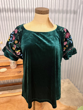 Umgee Velvet Embroidered Sleeve Top