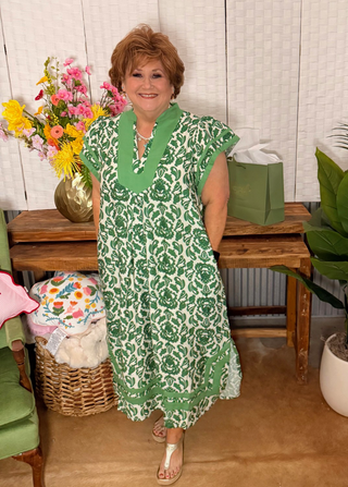 Umgee Green Floral Border Midi Dress