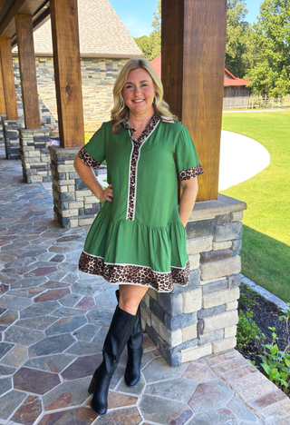 Entro Green Animal Print Trimmed Dress