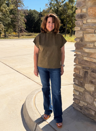 THML Short Sleeve Suede Top with Button Embellishment