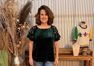 Umgee Velvet Embroidered Sleeve Top