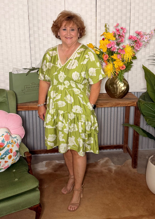 She & Sky Lime Blossom Smocked Mini Dress