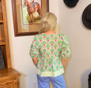 She & Sky Retro Fan Print Peplum Top