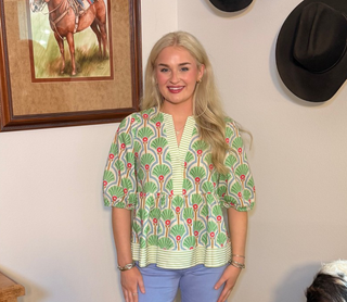 She & Sky Retro Fan Print Peplum Top