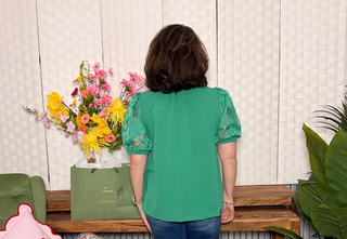 Umgee Green Textured Top with Lace Contrast Sleeves