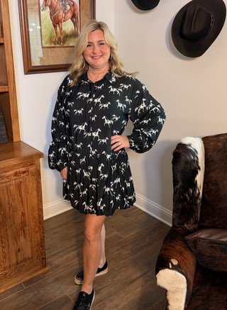 Blue B Bubble Dress with Horse Pattern