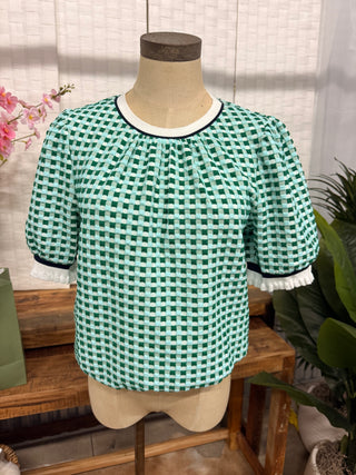 Puff Sleeve Striped Mint Contrast Plaid Top