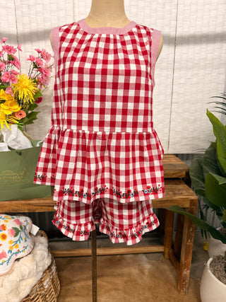 Floral Embroidered Gingham Sleeveless Peplum Top[