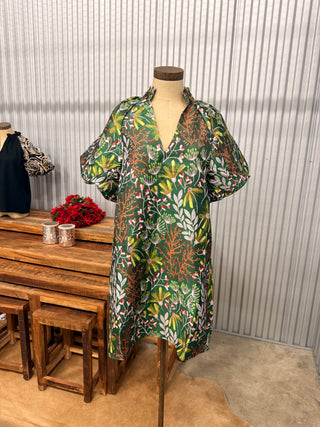 THML Puff Sleeve Floral Pattern Green Dress