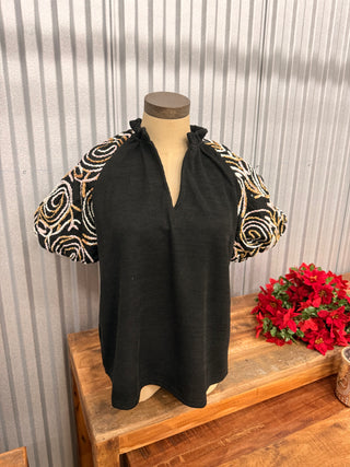 THML Embroidered Detail Puff Sleeve V Neck Top