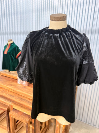 THML Floral Embroidery Black Velvet Top