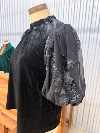 THML Floral Embroidery Black Velvet Top