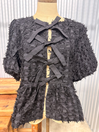 THML Puff Sleeve Black Textured Top