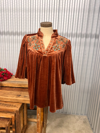 THML Puff Sleeve Velvet Western Blouse