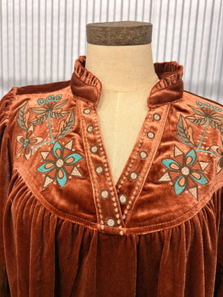 THML Puff Sleeve Velvet Western Blouse