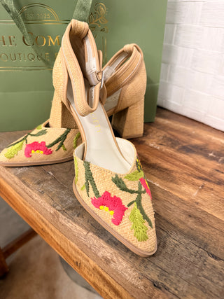 The Monet Wheat Embroidered Raffia Block Heel