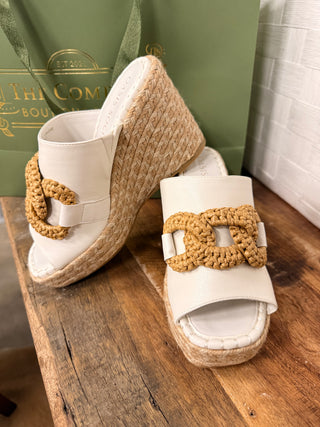 The Aime White Wedge Slide with Raffia Detail