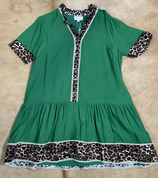 Entro Green Animal Print Trimmed Dress