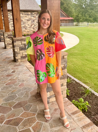 Queen of Sparkles Color block Cotton Palm Leaf Mini Dress