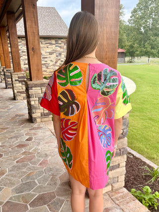 Queen of Sparkles Color block Cotton Palm Leaf Mini Dress