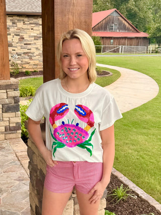 Queen of Sparkles White Multi Rainbow Crab Tee