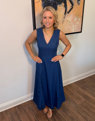 She and Sky Sleeveless Denim V Neck Midi Dress with Pockets