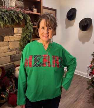 AnnieWear Christmas Lettering Patch Mineral Washed Top