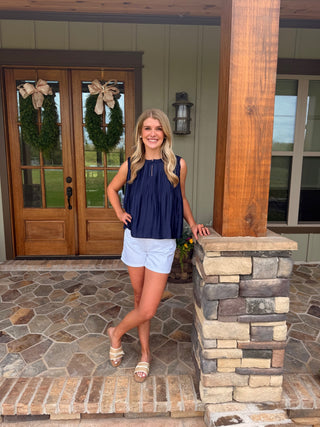 Pleated Sleeveless Round Neck Top