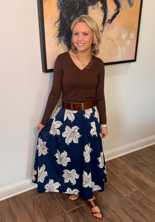 She and Sky Navy Print Midi Skirt