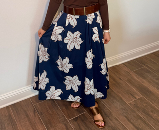 She and Sky Navy Print Midi Skirt