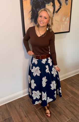 She and Sky Navy Print Midi Skirt